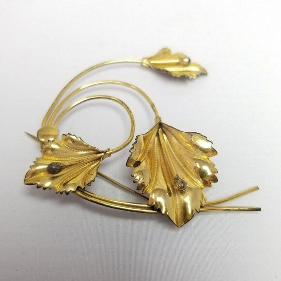 Vintage Sterling Silver Gold Plated Spiral Leaf Design Brooch, Large Estate - Picture 2 of 8